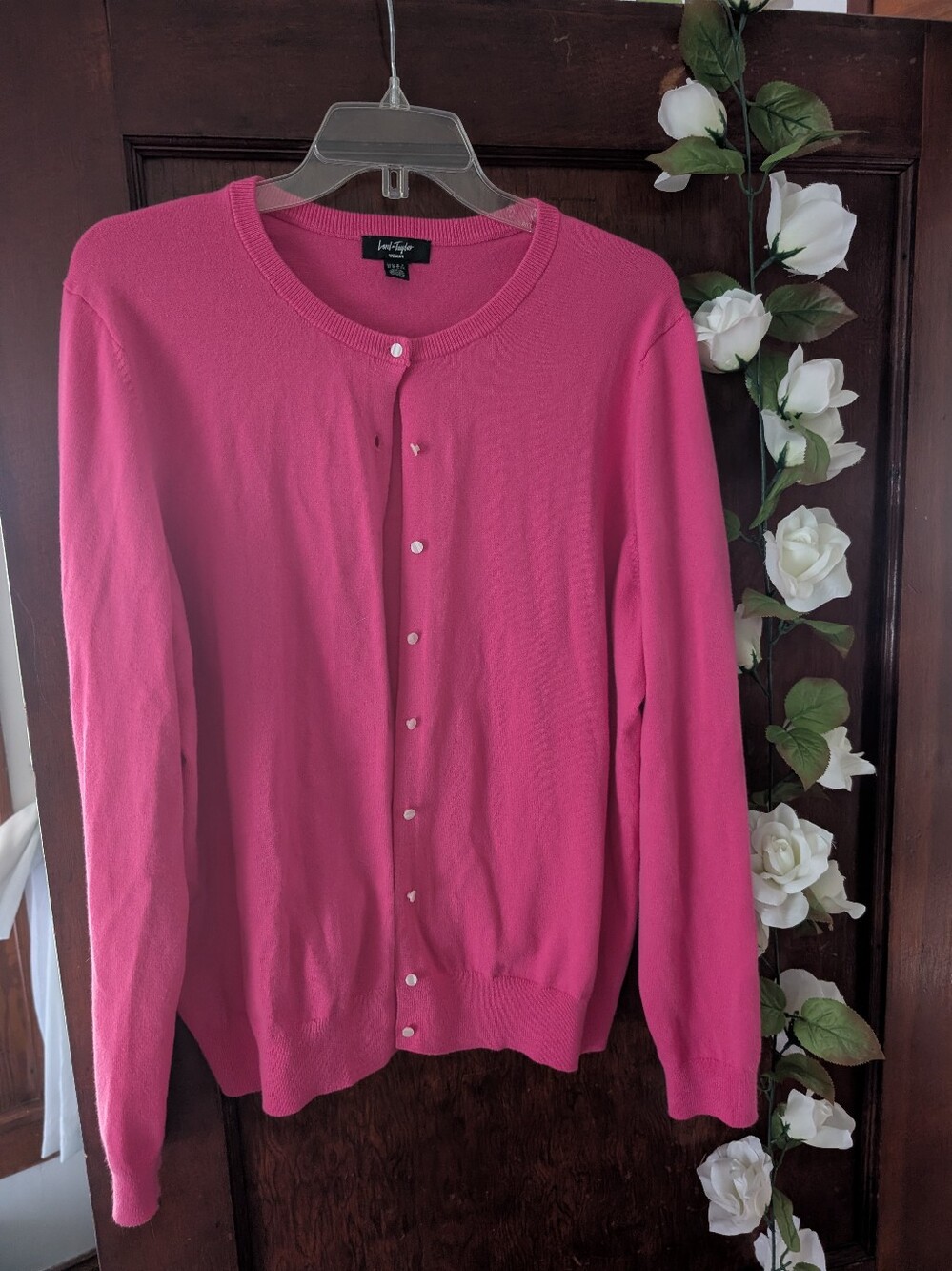 Lord & Taylor Hot Pink Button-Front Crewneck Cardigan 1X